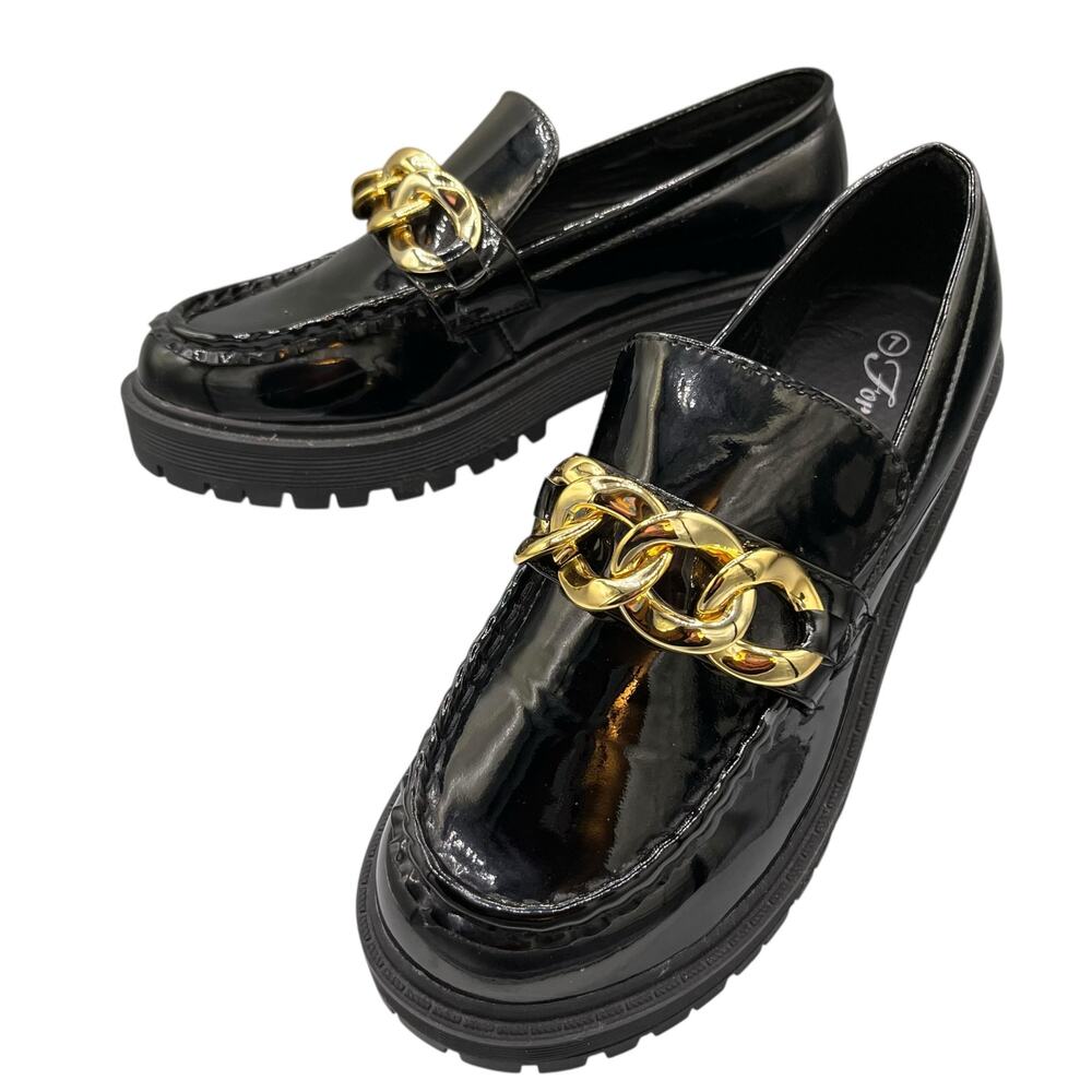 Forever Chunky Patent Leather Loafers Black Gold Chain Accent Lug Sole Sz. 7 Y2K - Picture 2 of 5